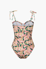 Floral Print Tie Strap One-piece Swimsuit And Knot Sarong Skirt Set