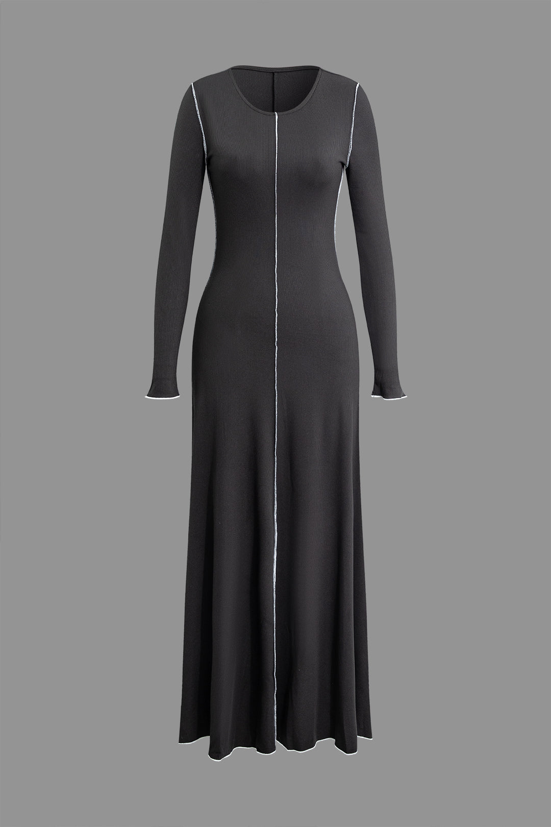 Contrast Line Pleated Long Sleeve Maxi Dress