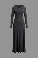 Contrast Line Pleated Long Sleeve Maxi Dress