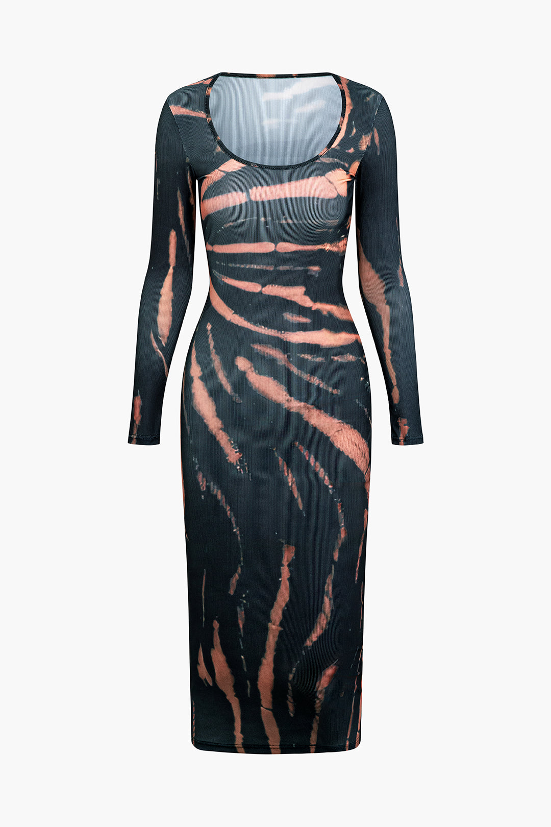 Printed Ribbed Round Neck Long Sleeve Maxi Dress