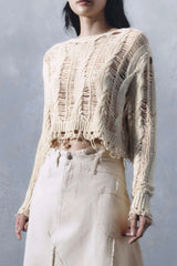 Distressed Laddered Knit Long Sleeve Crop Cover-Up Top