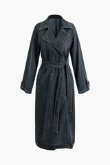 Notched Lapel Belted Button Up Denim Long Coat