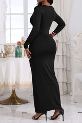 Solid V-neck Ruched Long Sleeve Maxi Dress