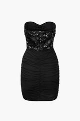 Sequin Panel Ruched Strapless Mini Dress