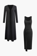 Ribbed Wrap Tie Sleeveless Midi Dress And Long Cardigan Set