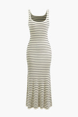 Stripe Square Neck Rib Knit Midi Dress