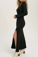 Solid Round Neck Slit Long Sleeve Sweater Dress