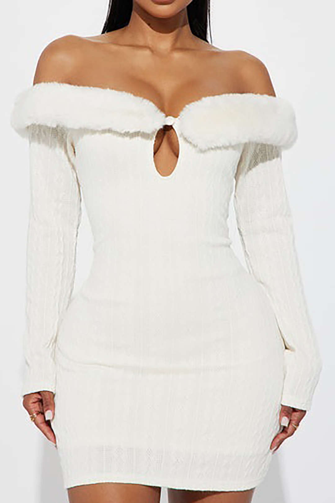 Faux Fur Neckline Off-Shoulder Cut Out Mini Dress