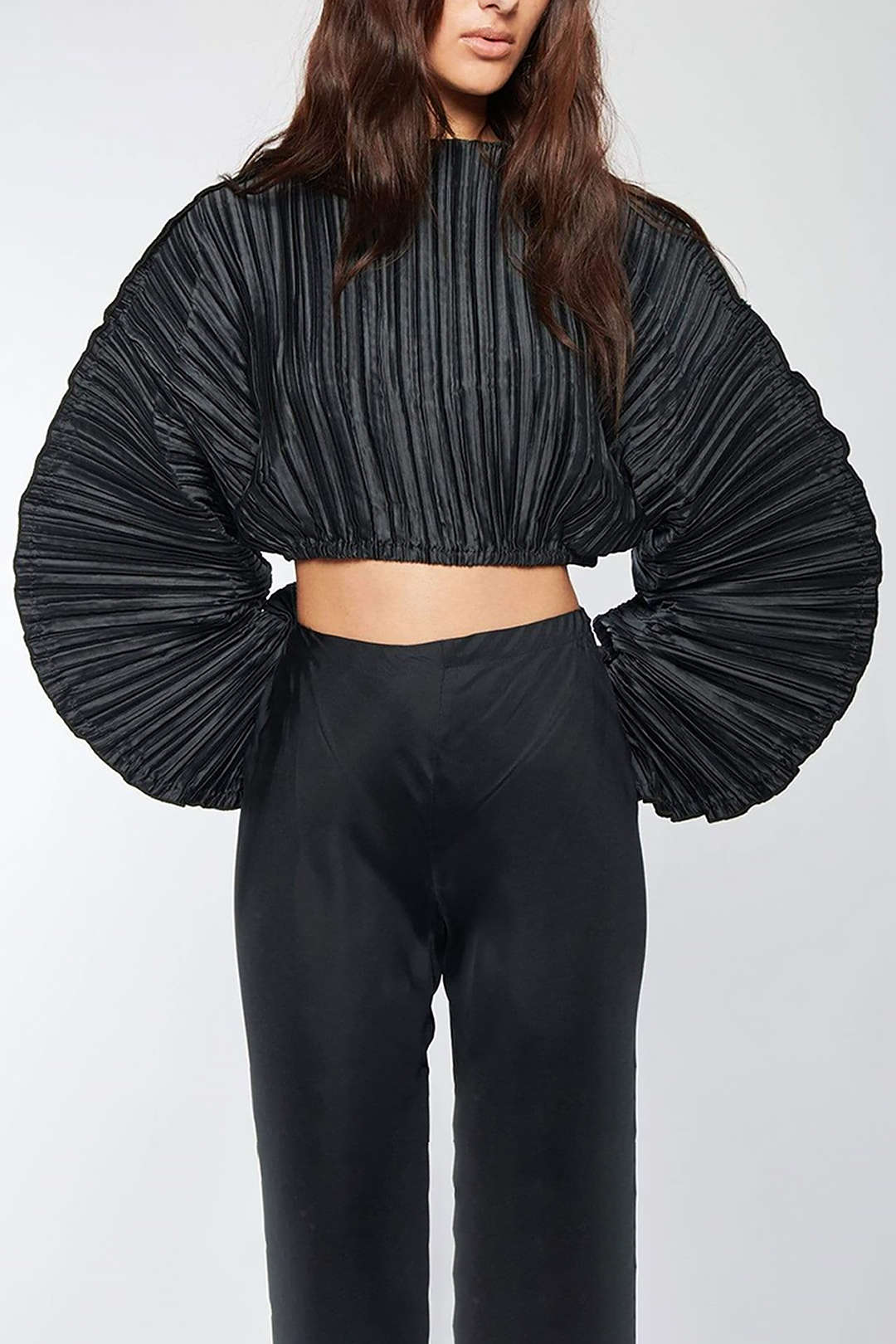 Plisse Drawstring Long Sleeve Crop Top