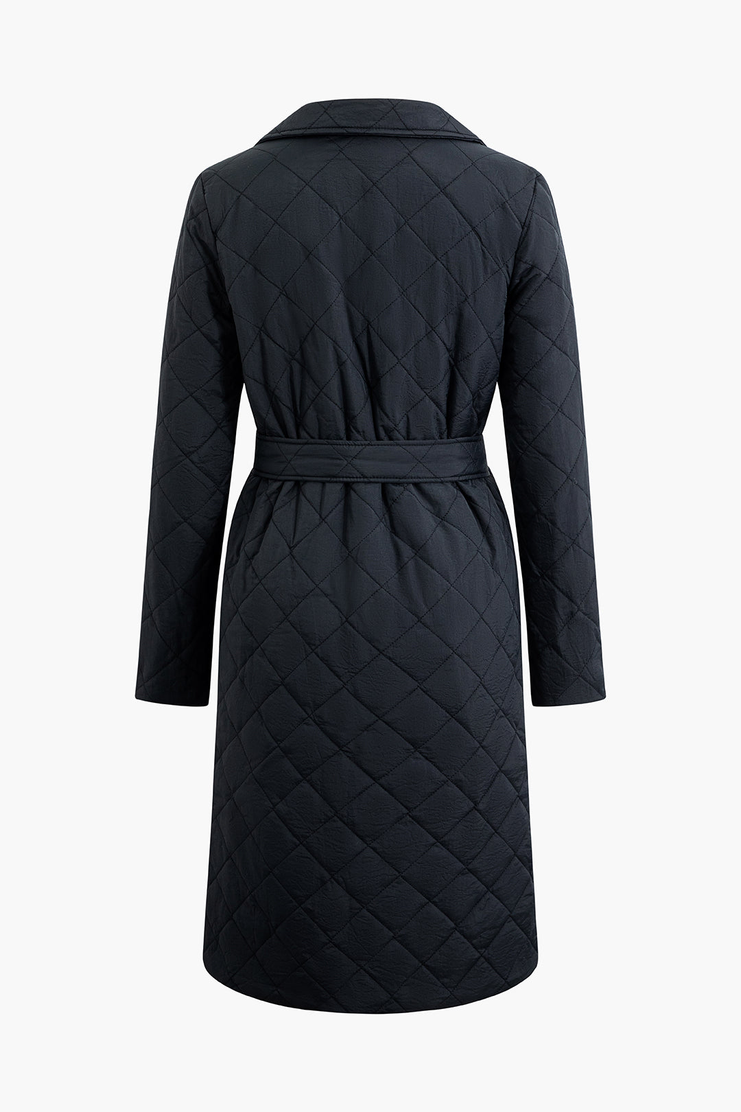 Quilted Notched Lapel Belted Long Coat