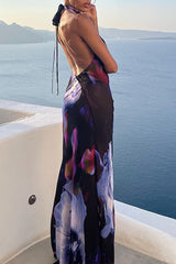 Floral Print Cowl V-neck Backless Tie Halter Maxi Dress