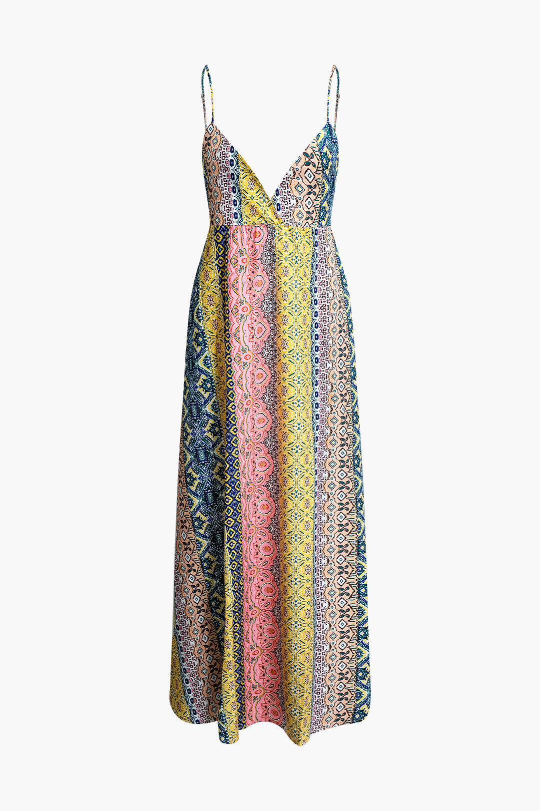 Printed V-neck Backless Slip Maxi Dress