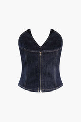 Zipper V-neck Strapless Denim Top