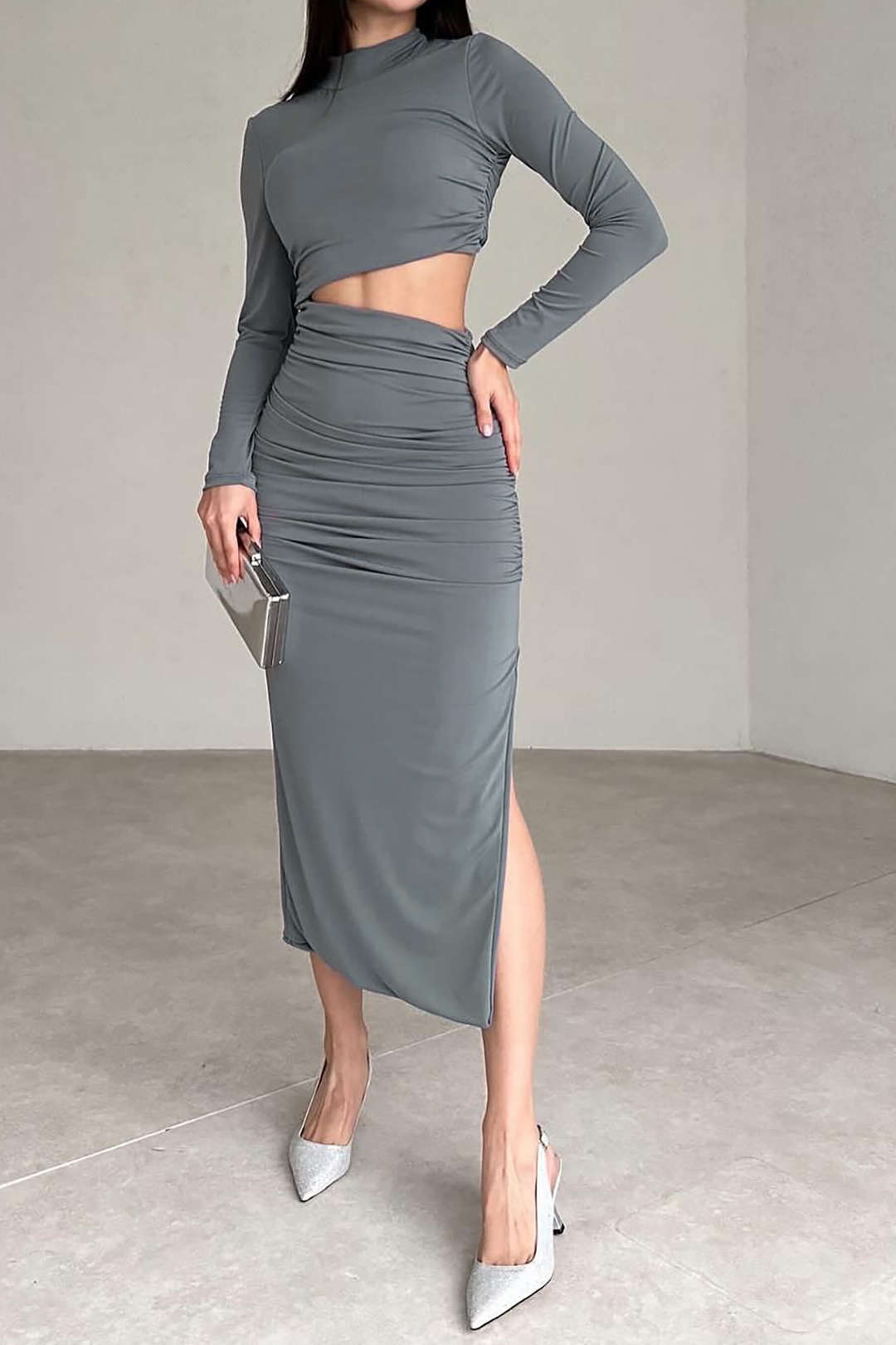 Mock Neck Cut Out Ruched Long Sleeve Midi Dress