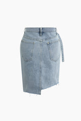 Asymmetrical Hem Belted Split Denim Skirt