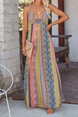 Printed V-neck Backless Slip Maxi Dress