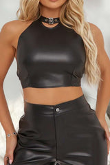 Faux Leather Tie Backless Halter Top