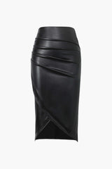 Faux Leather Wrap Ruched Midi Skirt