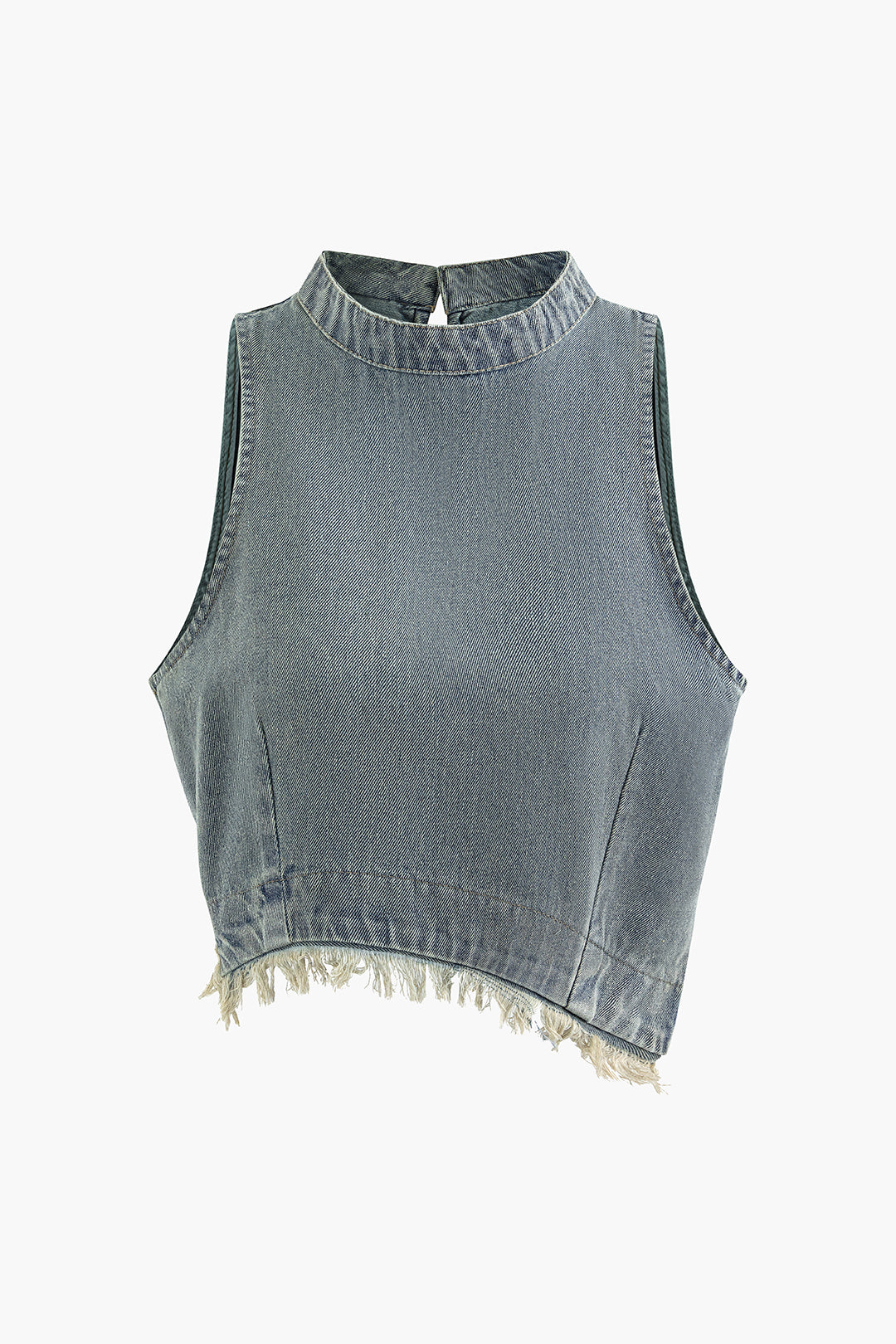 Stand Collar Asymmetric Sleeveless Fringe Hem Denim Top