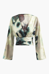 Tie Dye V-neck Satin Fitted Waist Blouse