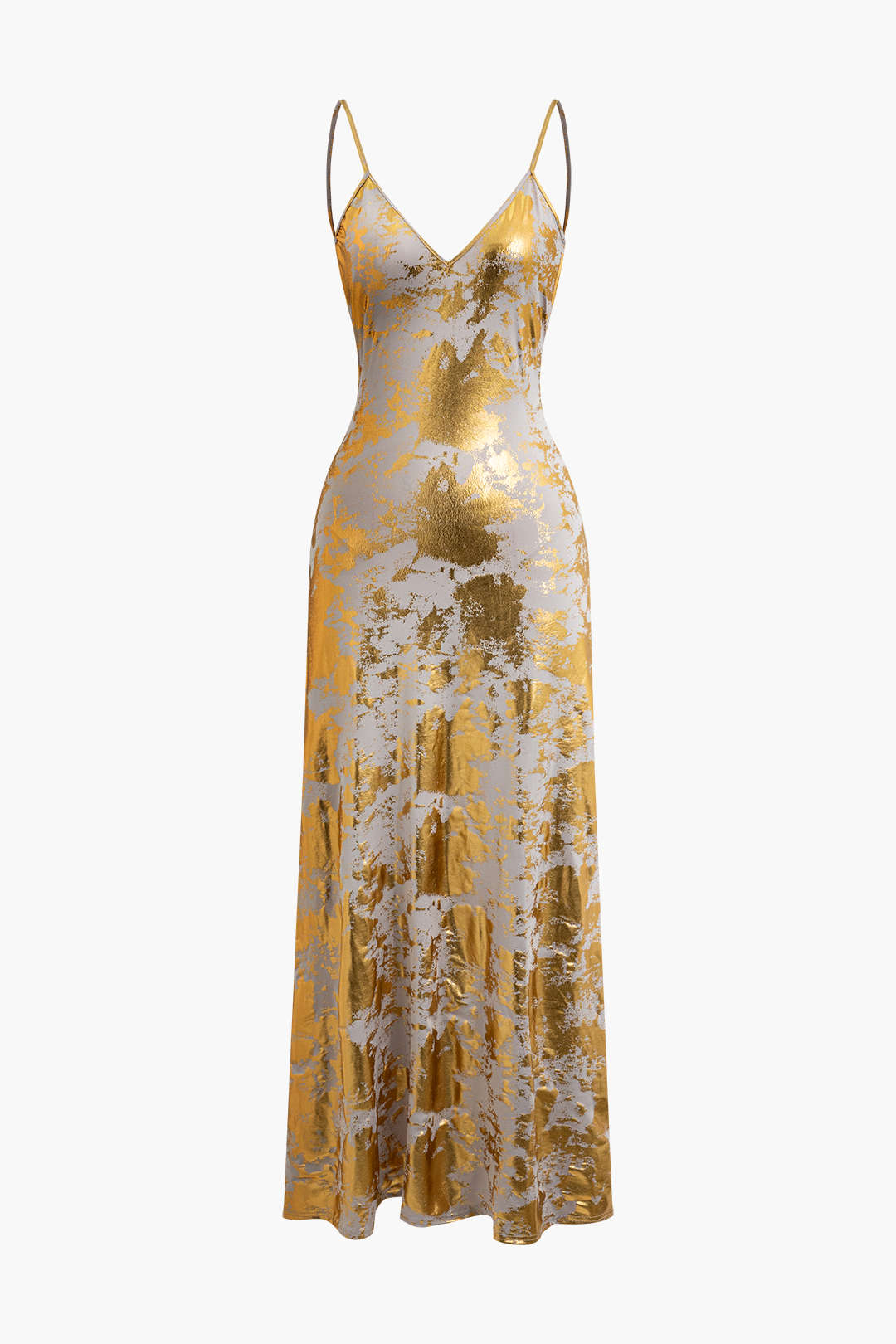 Metallic Print V-neck Backless Slip Maxi Dress