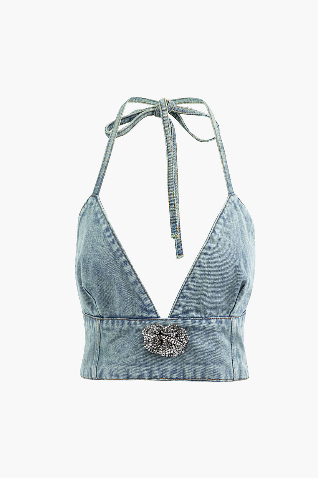 3D Rhinestone Flower Denim V-neck Halter Top