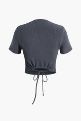 Mock Neck Cut Out Drawstring Knit T-shirt