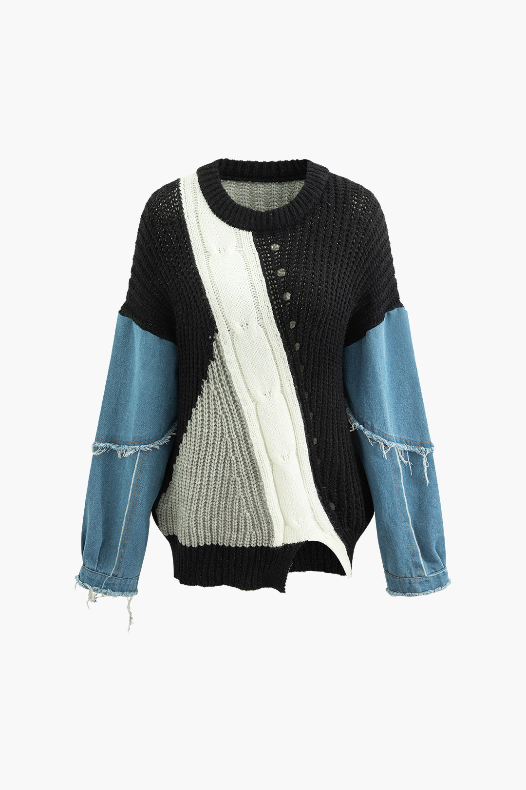 Contrast Denim Stitching Round Neck Sweater