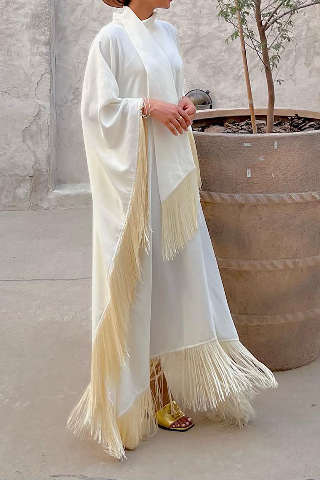 Tassel Trim Long Sleeve Maxi Dress With Scarf