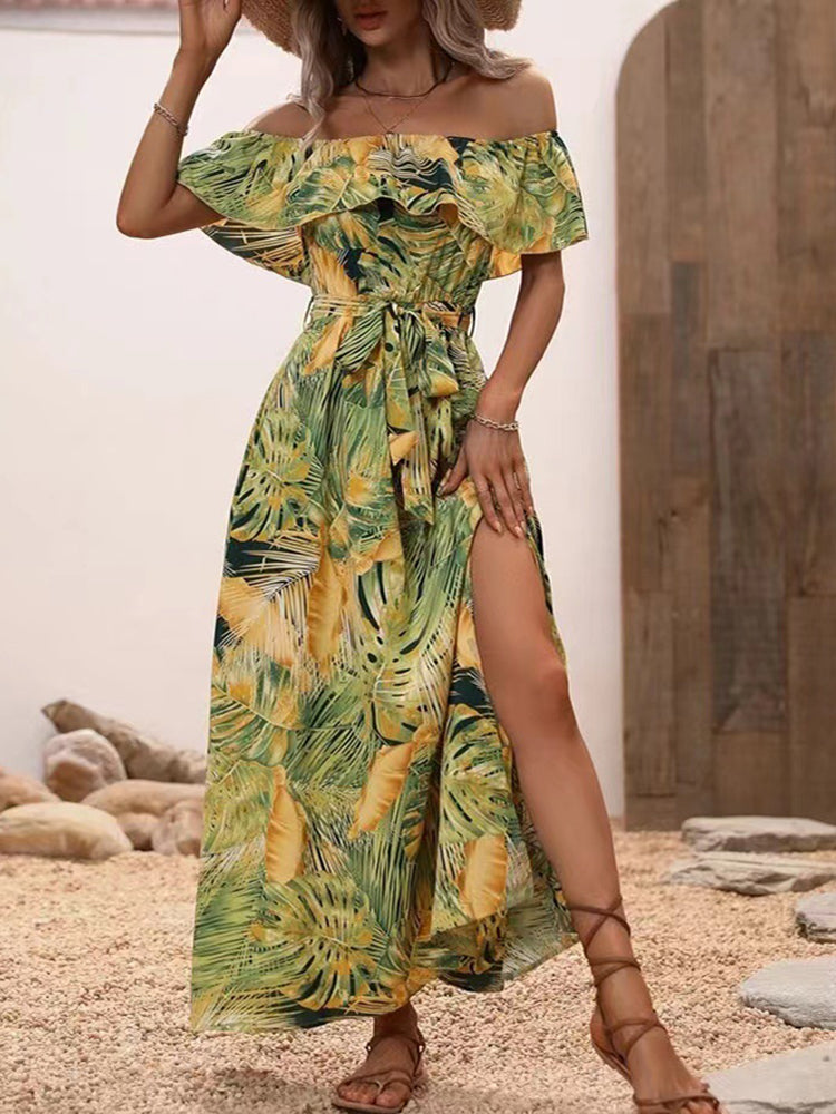 Backless Off Shoulder Slit Boho Maxi Dress