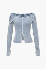 Stripe Collar Zipper Knit Cardigan