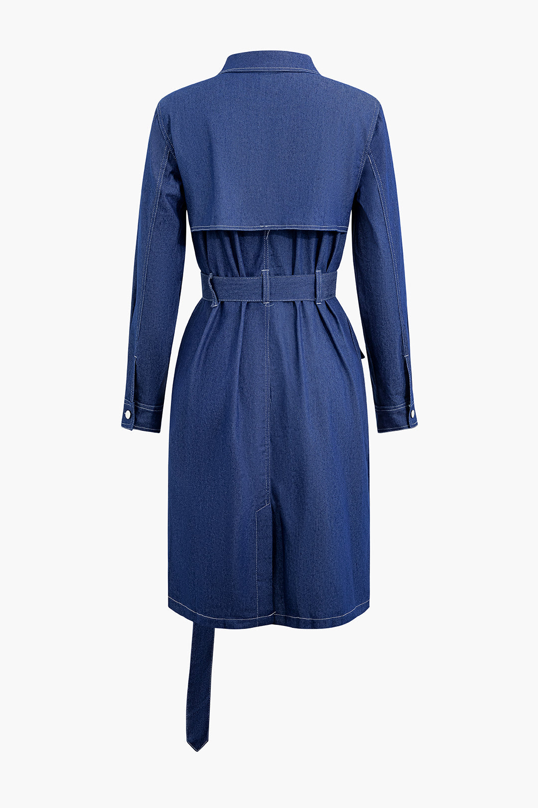 Denim Topstitching Flap Pocket Trench Coat With Belt