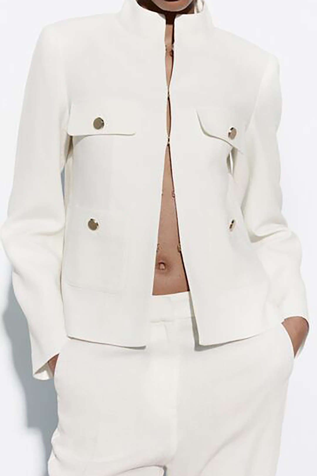 Button Detail Stand Collar Patch Pocket Jacket