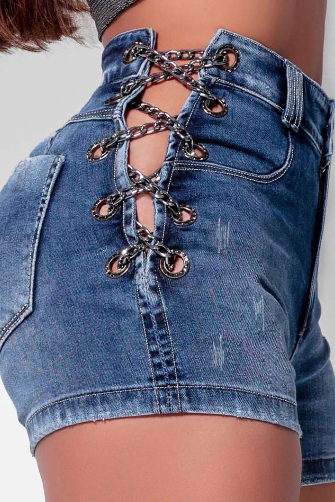 Faded Destroyed Chain Detail Denim Shorts