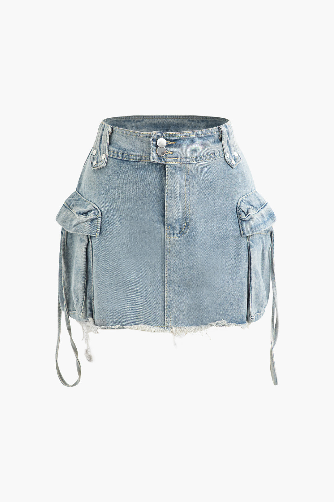 Denim Flap Pocket Frayed Hem Mini Skirt