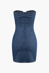 Deep V-neck Denim Strapless Mini Dress