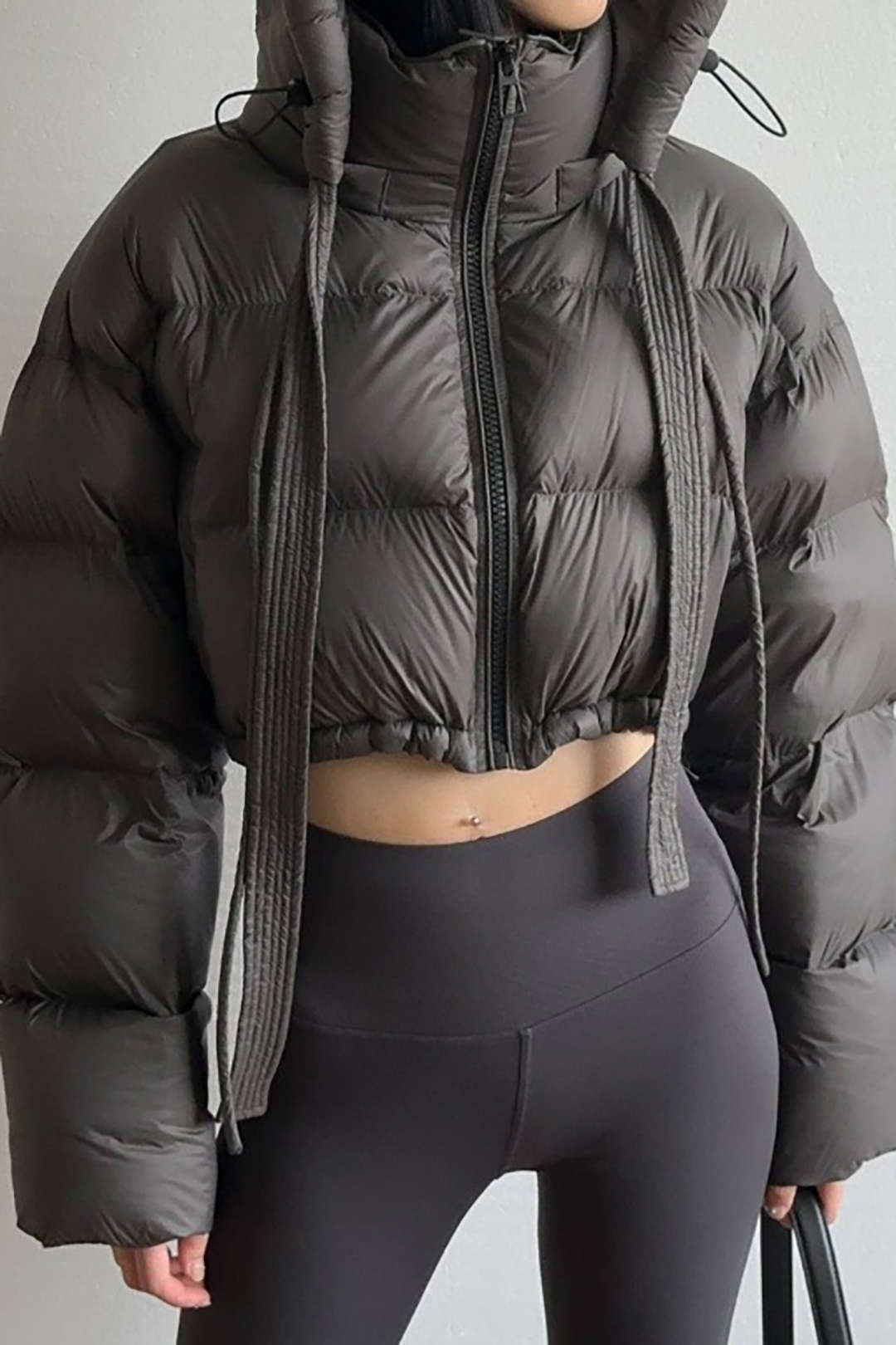 Hooded Tie Zipper Puffer Crop Coat