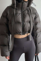 Hooded Tie Zipper Puffer Crop Coat