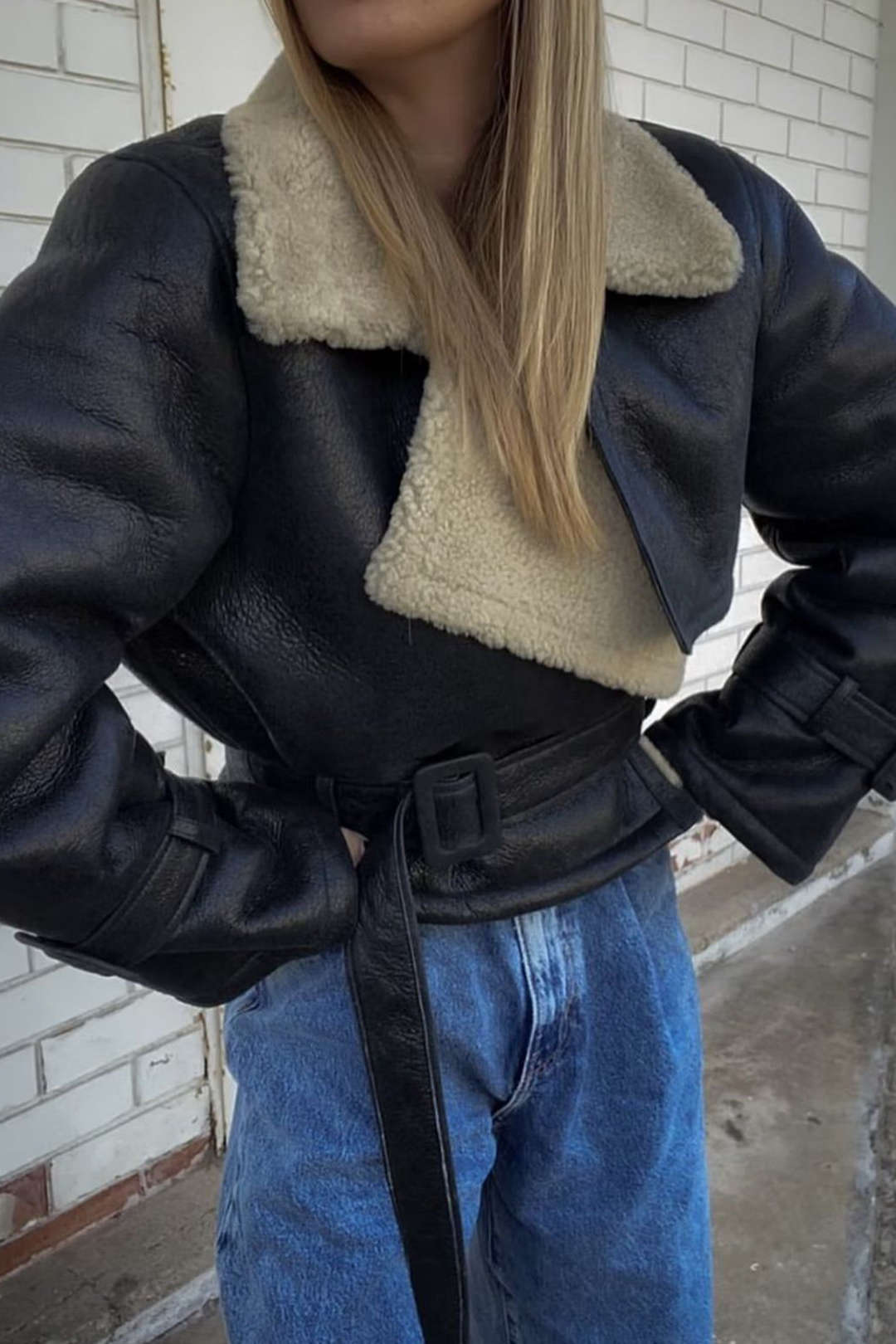 Faux Shearling Leather Jacket With Belt