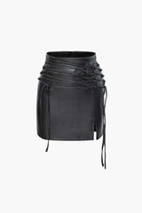 Faux Leather Tie Front Split Mini Skirt