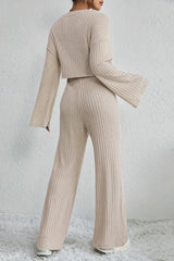 Texture Round Neck Long Sleeve Top And Drawstring Pants Set