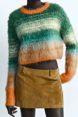 Color Block Round Neck Pullover Knit Sweater