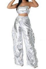 Metallic Drawstring Tube Top And Gathered Wide Leg Pants