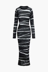 Stripe Round Neck Open Knit Long Sleeve Maxi Dress