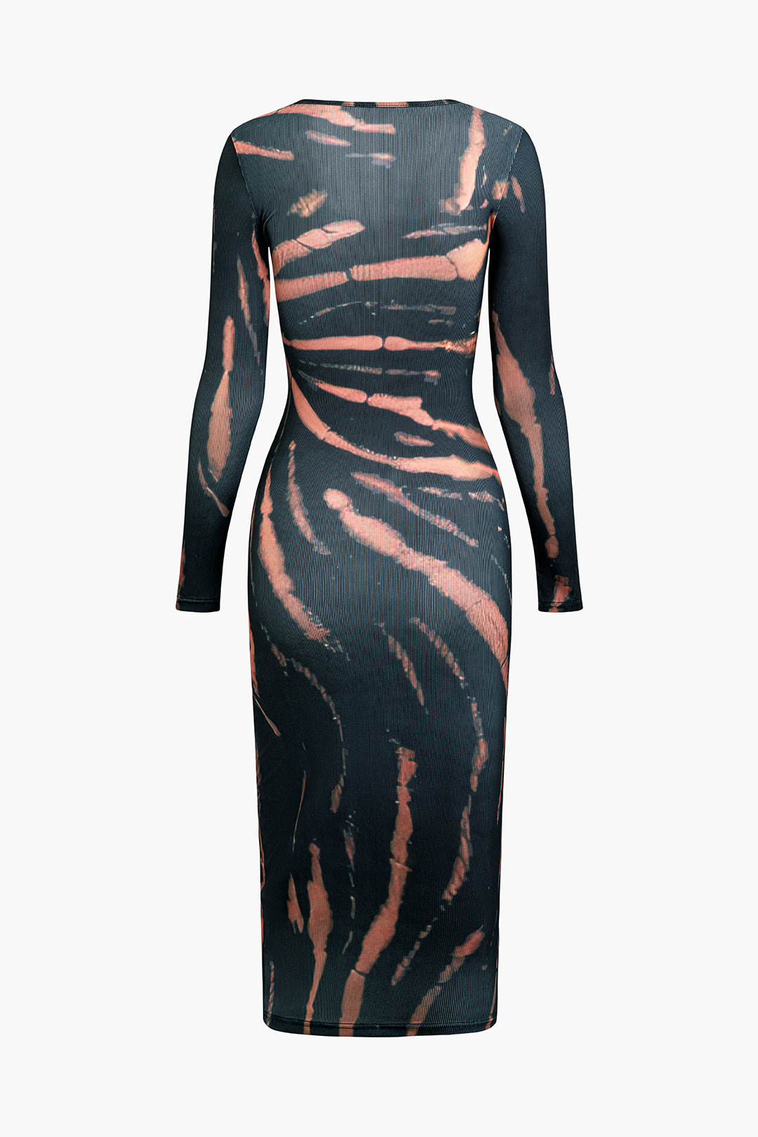 Printed Ribbed Round Neck Long Sleeve Maxi Dress