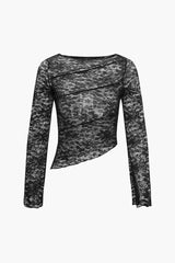 Floral Lace Sheer Asymmetric Long Sleeve Top