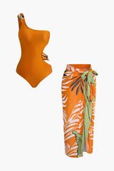 Bead Cut Out One Shoulder Swimsuit And Leaves Print Wrap Skirt Set