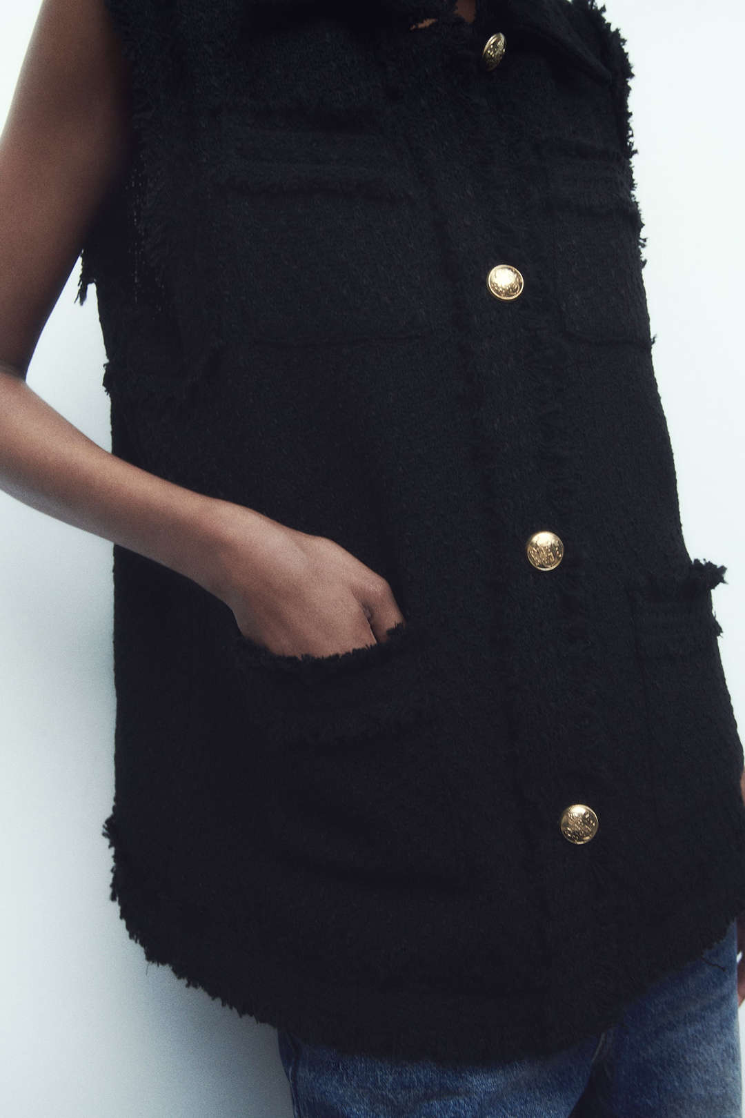 Frayed Trim Textured Tweed Collared Vest