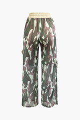 Camo Contrast High Waisted Mesh Drawstring Straight Leg Cargo Pants