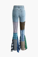 Patchwork Plaid Flare Leg Jeans